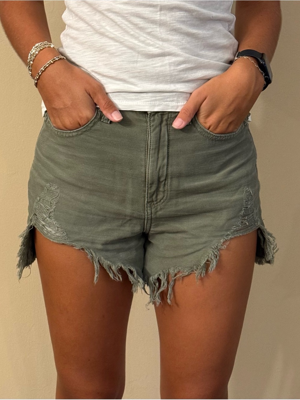 American Eagle Outfitters Olive Green High-Rise Frayed Hem Jean Shorts